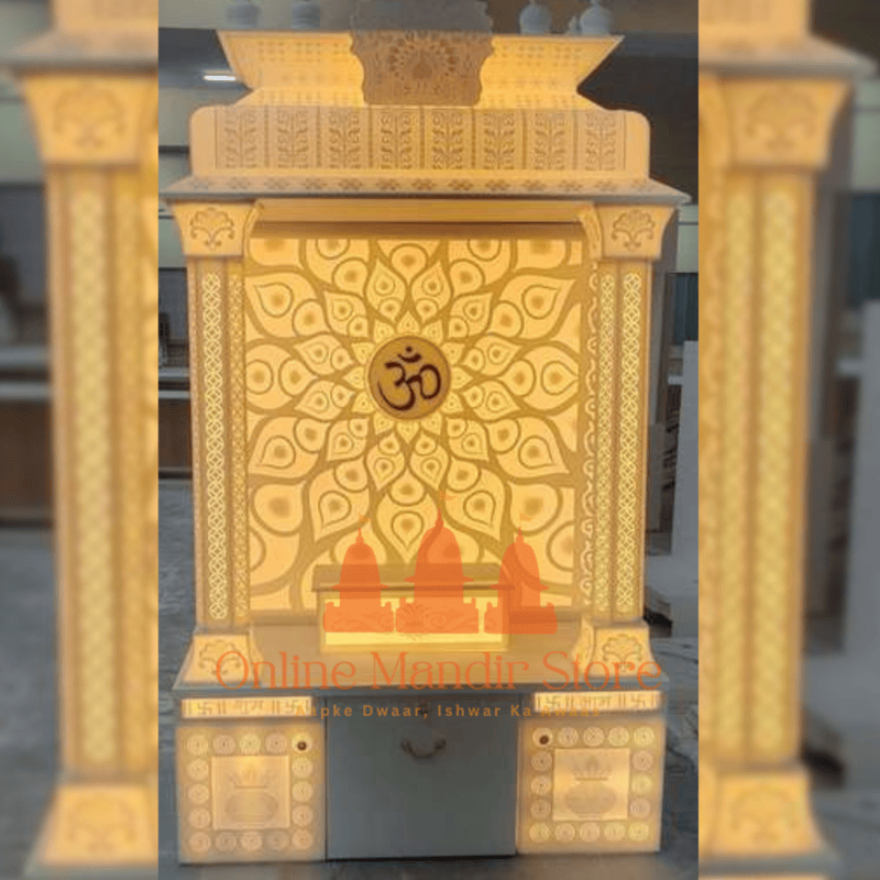 "Lotus of Divinity: OM-Centric Corian Mandir with Radiant Aura" "Lotus of Divinity: OM-Centric Corian Mandir with Radiant Aura"