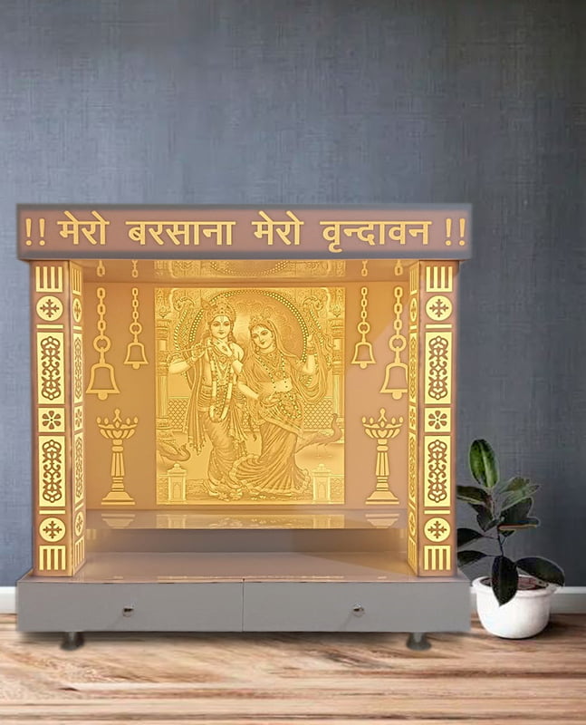 3D Corian Radha Krishna Vrindavan Puja Mandir With Corian Pillar & Drawer