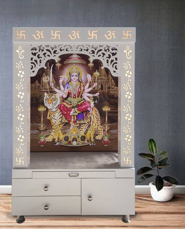 Sherawali Mata Puja Mandir Printed on Acrylic with WPC Pillar & Storage Space | Sehrawat Brothers