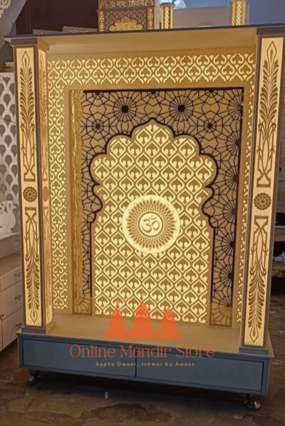 "Shree OM Divinity: Luxurious Corian Mandir with Glowing Engravings"