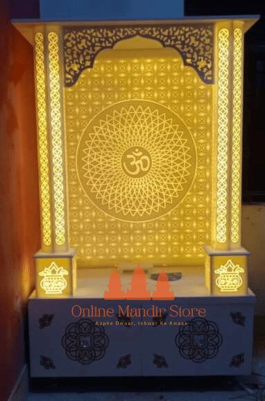 "Shree Om Mandir: Divine Corian Design with Sacred Kalash Engravings"
