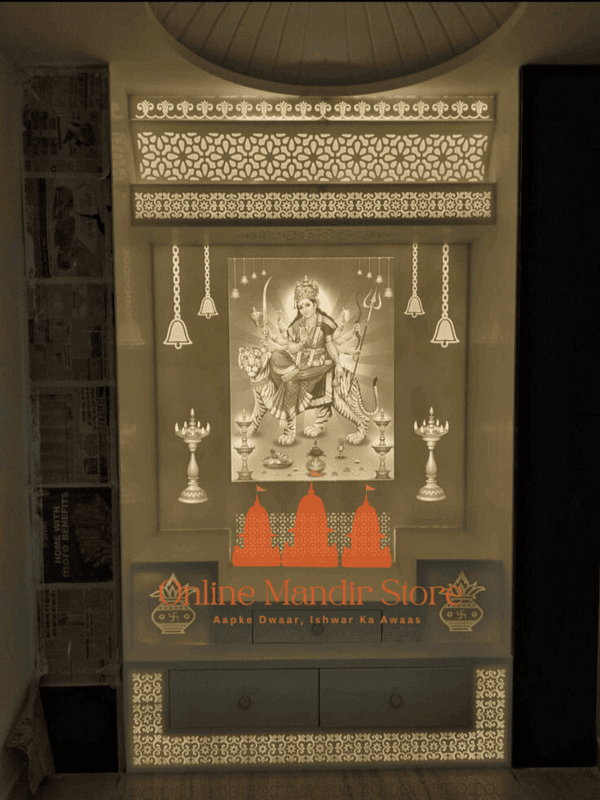 "Devi Durga Divine Corian Mandir with Illuminated Bells" "Devi Durga Divine Corian Mandir with Illuminated Bells"
